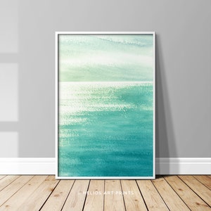 Turquoise Ocean Sunset Watercolor Art Print: Coastal Beach House Decor