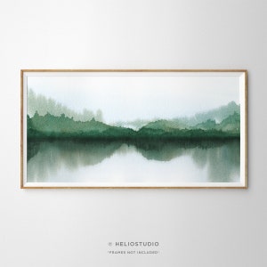 Impresión panorámica de arte en acuarela del lago verde. Panorama del arte de la pared de reflexión del bosque de acuarela. Pintura del gran lago del bosque. Arte de la pared del paisaje