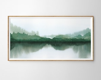 Stampa artistica panoramica dell'acquerello del lago verde. Panorama di arte della parete con riflessione della foresta dell'acquerello. Grande dipinto sul lago della foresta. Arte della parete del paesaggio