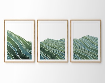 Green Mountain Watercolor wall arts - Mid-Century Modern Set of 3