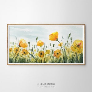 Panoramic Field of Yellow Poppies Watercolour Print. Yellow Wild Flower Watercolor Meadow Panorama, Green Grassland Wall Art, Country Fields