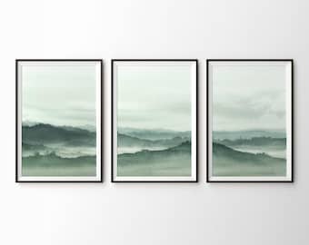 Misty Mountain Watercolour Painting Art Print: Sage Green Wall Art, Three Piece Valley Landscape, Set of 3 Peaceful Rolling Hills