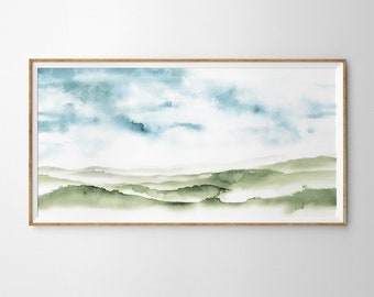 Aquarelprint Misty Valley: panoramisch landschap groene heuvels