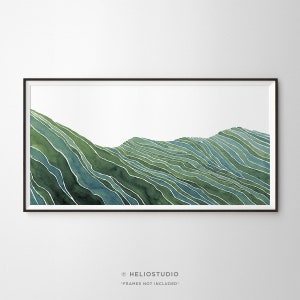 Panoramic Green Blue Abstract Mountain Range Watercolour Art Print. Midcentury Rolling Hills Landscape Painting. Extra Large Panorama Print