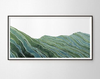 Abstracte aquarel muurkunst bergketen: groenblauw panorama