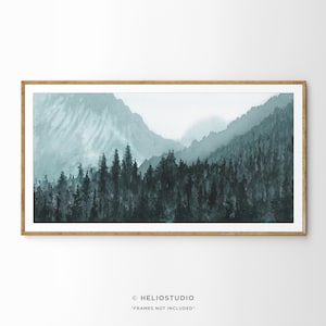 Panoramic Mountain Forest Watercolor Art Print. Blue Mountain Valley Panorama, Extra Large Panoramic Forest Landscape Watercolour Print