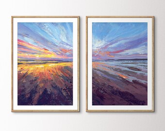 2 Piece Beach Sunset Wall Art. Colourful Setting Sun Coastal Abstract Painting. Extra Large Living Room Art. 24x36, 28x40