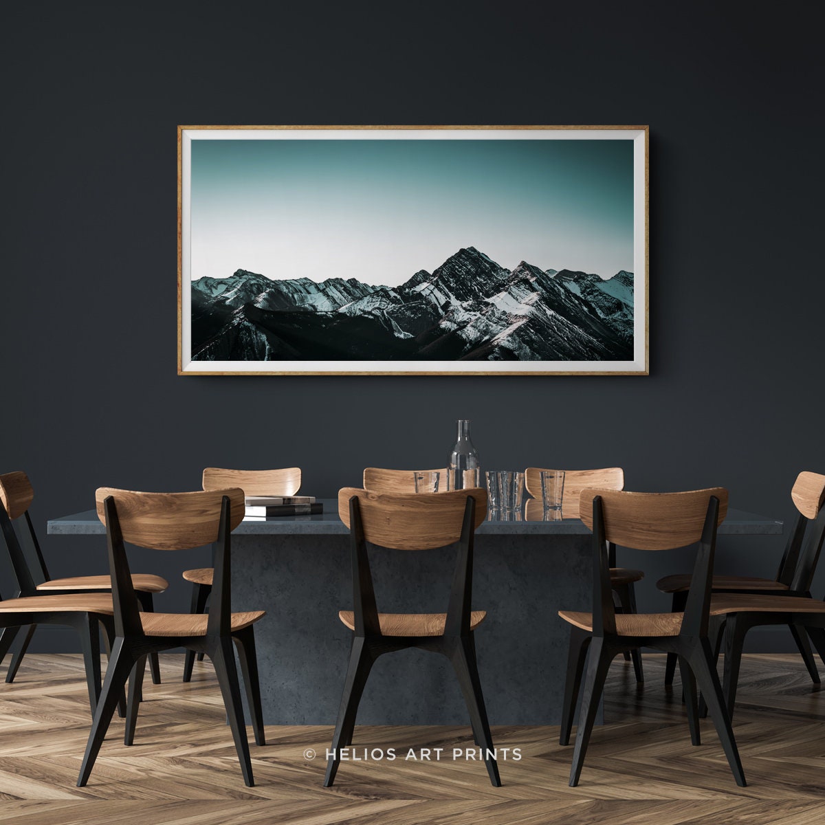 Panoramic Snow Capped Mountain Range Art Print. Black Snowy