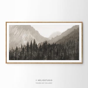 Sepia Mountain Forest Watercolor Print: Panoramic Landscape Wall Art