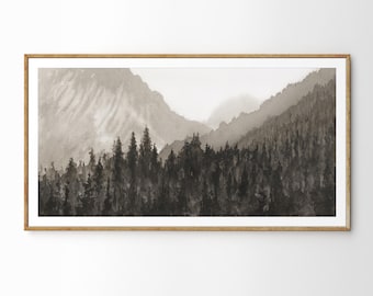 Sepia Mountain Forest Watercolor Print: Panoramic Landscape Wall Art