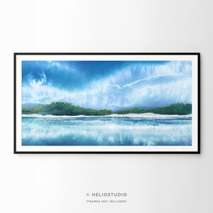 Könnte beinhalten: Ein Aquarellbild einer Meereslandschaft mit blauem Himmel, weißen Wolken und einer grünen Insel in der Ferne. Das Wasser ist hellblau und spiegelt den Himmel wider.