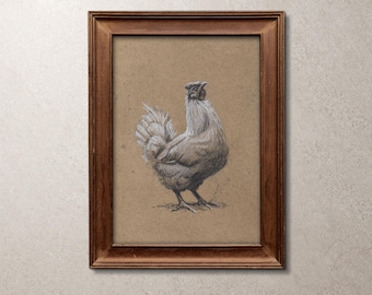 Original Watercolour Chicken Sketch – Farm Hen Illustration, Pen and Charcoal Wall Art (5"x7")