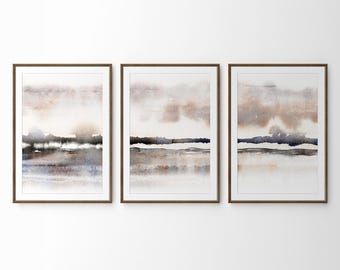 Set met abstracte aquarelprints landschap: panoramische muurkunst mistige savanne