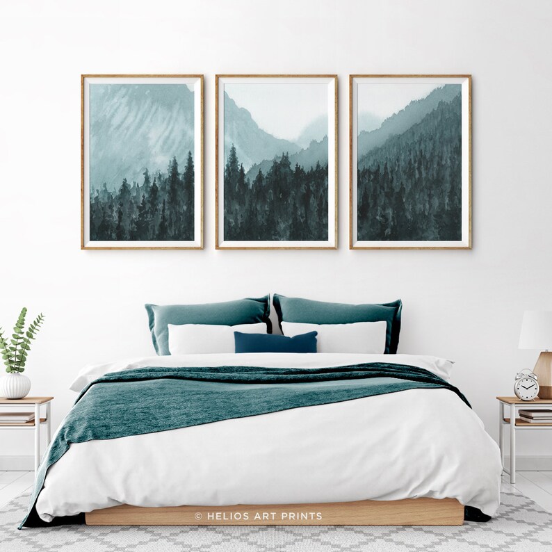 Set Of Three Watercolor Forest Art Prints. 3 Piece Blue Mountain Forest Wall Art, Extra Large Mountain Forest Watercolor Panoramic Print image 3