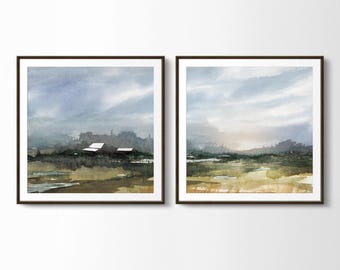 Farmstead Sunrise Wall Art Set. Two Piece Prairie House Sunset Painting, Farmhouse Lifestyle