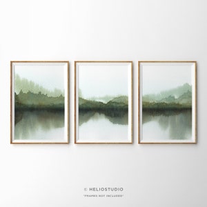 Set Of Three Green Forest Lake Watercolour Landscape Prints. 3 Piece Tree Lined Mountain Lake Reflection Panorama Watercolor Wall Art.