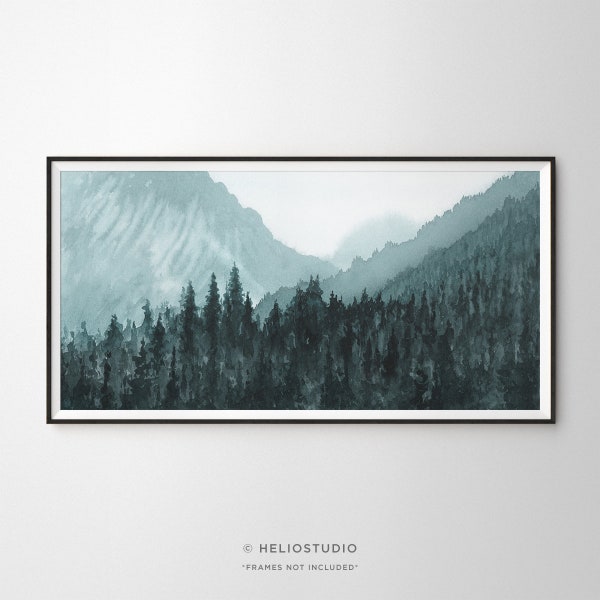 Panoramic Mountain Forest Watercolor Art Print. Blue Mountain Valley Panorama, Extra Large Panoramic Forest Landscape Watercolour Print