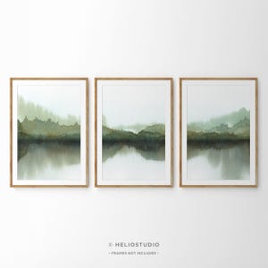 Set Of Three Green Forest Lake Watercolour Landscape Prints. 3 Piece Tree Lined Mountain Lake Reflection Panorama Watercolor Wall Art.