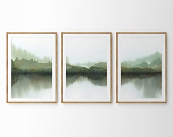 Green Forest Lake Watercolor Print Set: Mountain Reflection Art