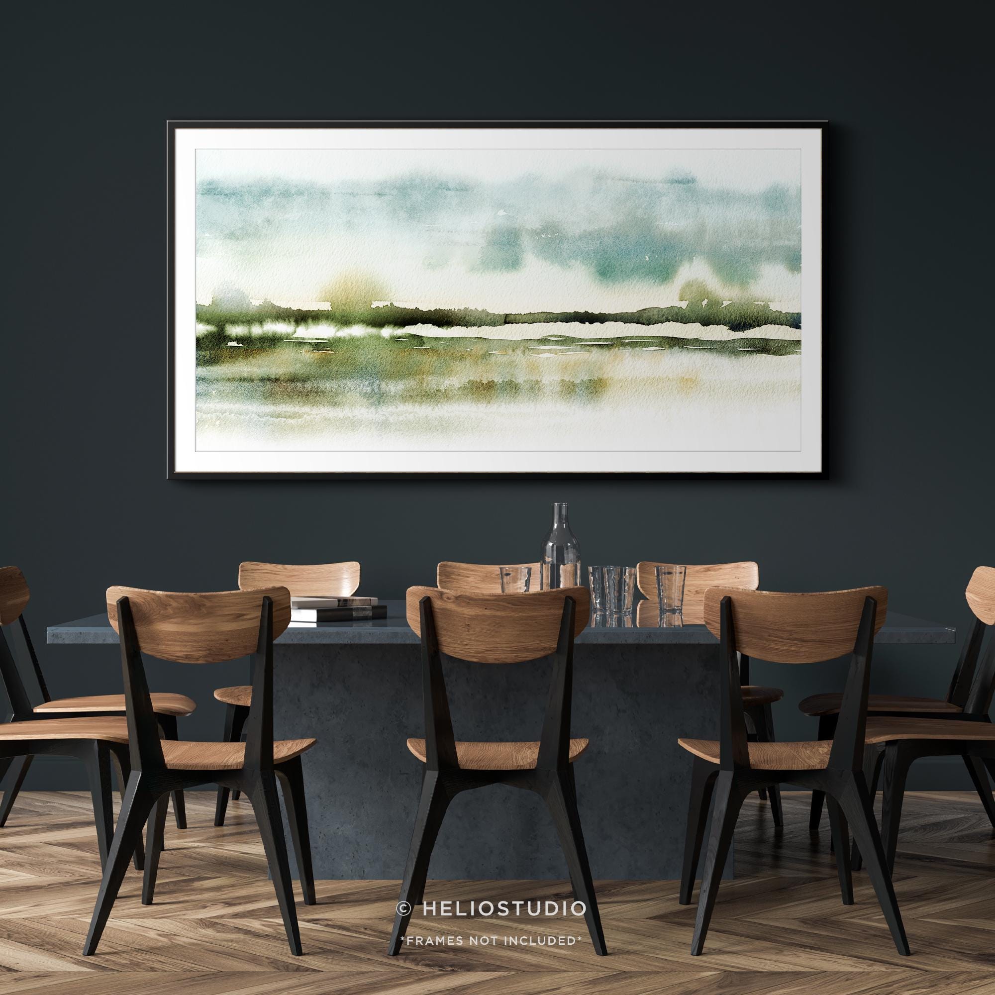 Blue Green Abstract Landscape Watercolor Print.panoramic