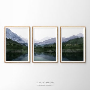 Mountain Forest Lake Large Wall Art, 3 Piece Art Prints, Set of 3 Panoramic Mountain Valley Lake Reflection, National Park, Living Room, A2