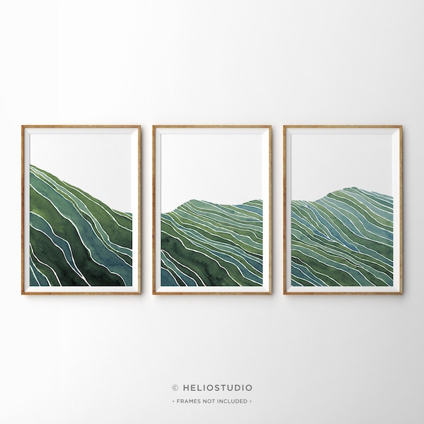 Set Of Three Green Midcentury Mountain Watercolour Art Prints, 3 Piece Aqua and Green Valley Hills, Panoramic Abstract Watercolor Wall Art.