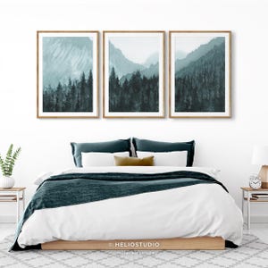 Set of Three Watercolor Forest Art Prints. 3 Piece Blue Mountain Forest ...