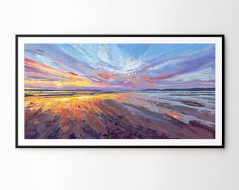 Large Coastal Sunset Painting Wall Art. Colourful Beach Sunset Panoramic. Beach House Decor