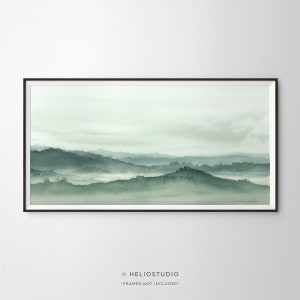 Panoramic Green Landscape Wall Art.Sage Green Misty Mountain Art Print.Extra Large Green Valley Wall Art.Living Room Decor.Contemporary Art