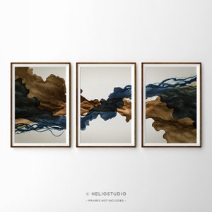 3 Piece Abstract Wall Art. Ink Blue and Sepia Vintage Abstract Art Print. Extra Large Abstract Cloud Art. Brown and Blueish Black Wall Art