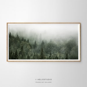 Deep Green Misty Forest Panoramic Wall Art. Green Pine Forest Mountain Panorama, Deep Green, PineTree, Fir Tree, Farmhouse Rustic, Log Cabin