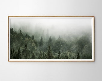 Misty Green Forest Panoramic Print: Rustic Mountain Wall Art
