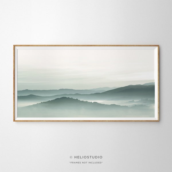 Panoramic Pale Green Misty Sunrise Mountain Landscape Wall Art. Misty Morning Hills Oversize Art Print Panorama, Extra Large Wall Art