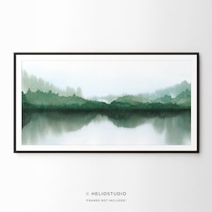 Panorama Green Lake Aquarell Kunstdruck. Aquarell Wald Reflection Wall Art Panorama. Großes Wald Gemälde. Landschaft Wandbild