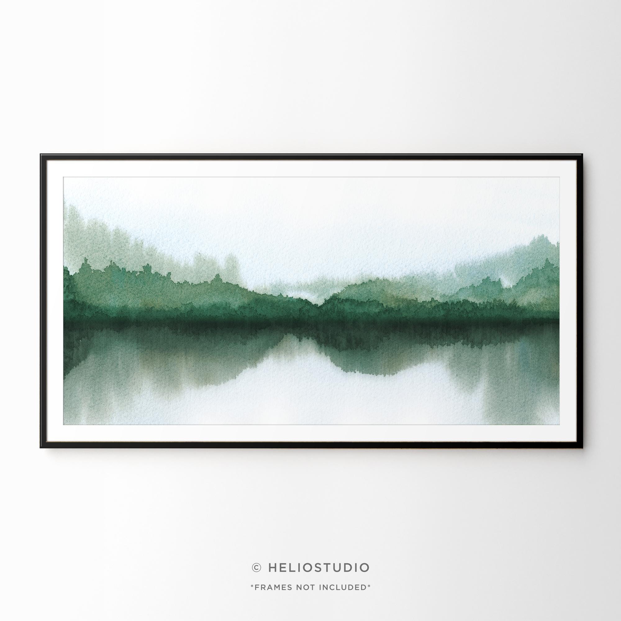 Green Lake Watercolor Art Print: Forest Reflection Panorama