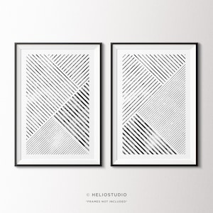 Set Of 2 Abstract Geometric Art Prints, Two Piece Black & White Scandinavian Minimalist Contemporary Wall Art. Monochrome Minimalist Art Set