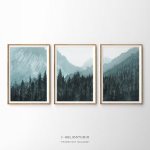 Set Of Three Watercolor Forest Art Prints. 3 Piece Blue Mountain Forest Wall Art, Extra Large Mountain Forest Watercolor Panoramic Print image 1