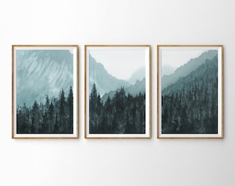 Set von drei Aquarell Wald Art Prints. 3 Stück Blauer Bergwald Wandkunst, extra große Bergwald Aquarell Panorama Druck