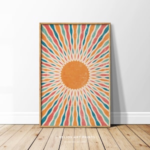 Abstract Retro Multicoloured Sun Art Print, Mid Century Sunburst Wall Art in Pastel Tones, Southwestern Art Print, BoHo Sun Rays Wall Art
