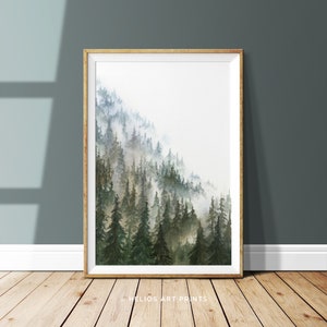 Misty Forest Watercolor Painting Print. Deep Green Foggy Forest Watercolour Wall Art. Pine Green Alpine Forest Print. Misty Mountain Print