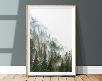 Misty Forest Watercolor Painting Print. Deep Green Foggy Forest Watercolour Wall Art. Pine Green Alpine Forest Print. Misty Mountain Print