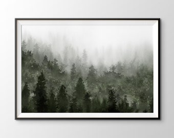 Deep Green Misty Forest Watercolour Wall Art. Pine Green Foggy Alpine Mountain Art Print, Pine, Fir, Extra Large Contemporary Rustic Art