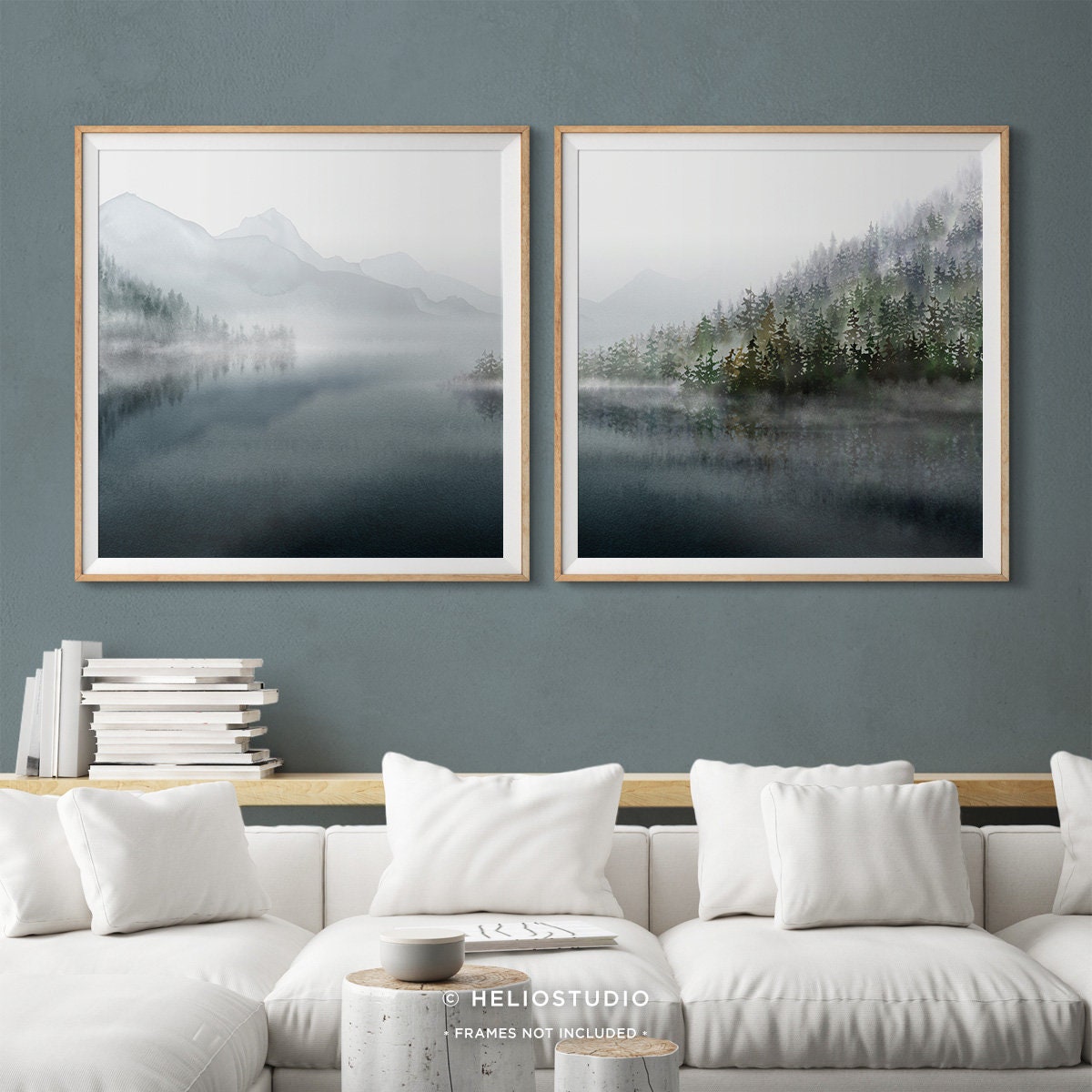 Misty Lake Watercolor Print Set: Forest Mountain Panorama Wall Art - Etsy