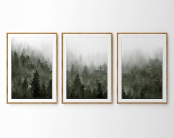 Misty Forest Watercolor wall art Set: Green Alpine Decor