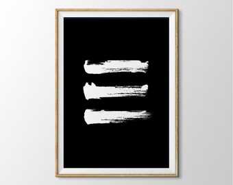 Minimalist Black and White Brushstroke Wall Art. 3 Horizontal Brushstroke Abstract Giclée Prints. Three White Paint Streak on black Prints