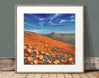 California Poppies Original Wall Art. Orange Poppy Valley with Wispy Blue Sky. Rolling Meadow Flowers