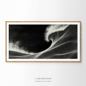 May include: Black and white abstract art print of a wave with a textured background. The print is framed in a light wood frame.