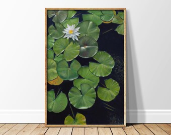Waterlily painting wall art: Green leathery ily pads on a dark sparkling pond surface