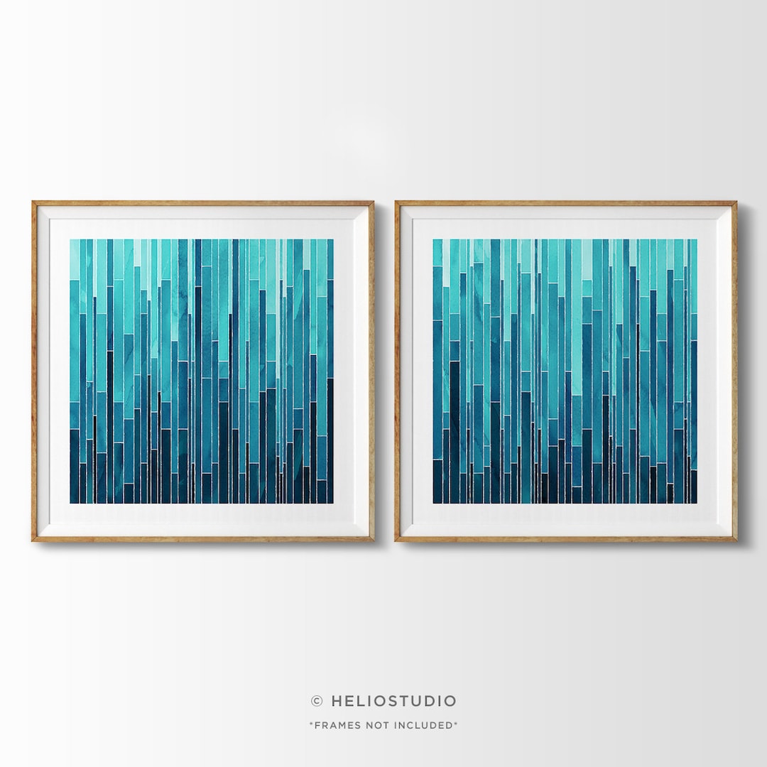 Set of 2 Watercolor Abstract Wall Art Prints in Turquoise, Teal, Navy ...