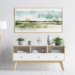 Blue Green Abstract Landscape Watercolor Print.Panoramic Watercolour Savannah Wall Art. Extra Large Grassland Panorama, Oversize Watercolor image 5